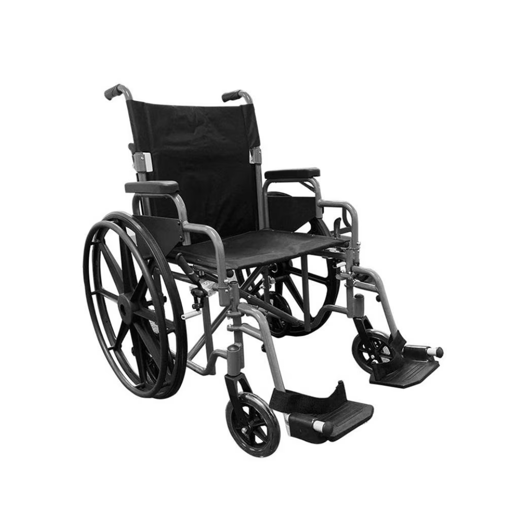 The unoccupied Rhythm Combo Wheelchair, a sleek black and silver manual model with armrests, footrests, and a fabric seat and backrest, features large quick-release 24 rear wheels and smaller front ones. It stands facing slightly to the left.